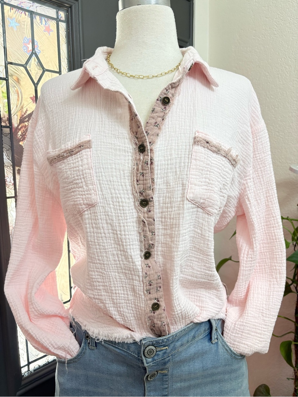 POL Light Pink Relaxed Oversized Button-Front Cotton Double Gauze Shirt